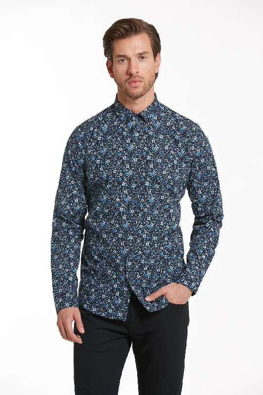 Comfort Fit Printed Cotton Navy Casual Shirt