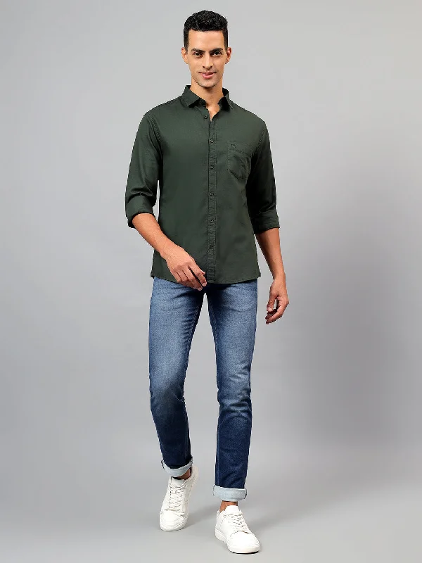 Men's Olive Green Solid Full Sleeves Casual Shirt