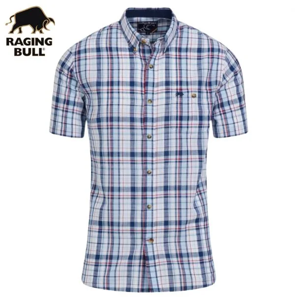 Raging Bull Large Check Linen Shirt Navy