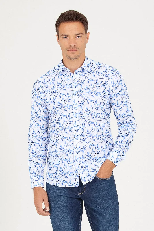 Slim Fit Floral Printed Cotton Blue Casual Shirt