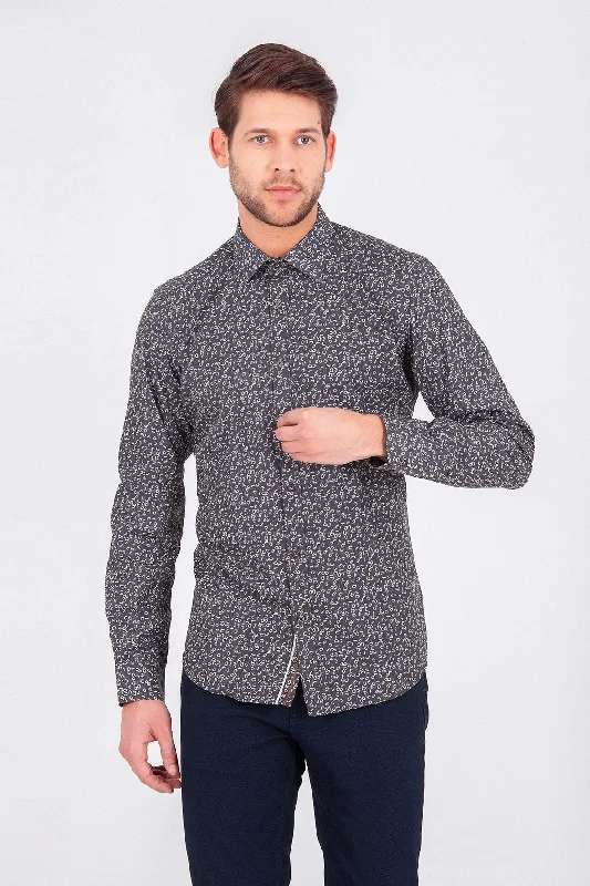 Slim Fit Floral Printed Cotton Khaki Casual Shirt