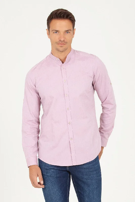 Slim Fit Long Sleeve Cotton Burgundy Casual Shirt