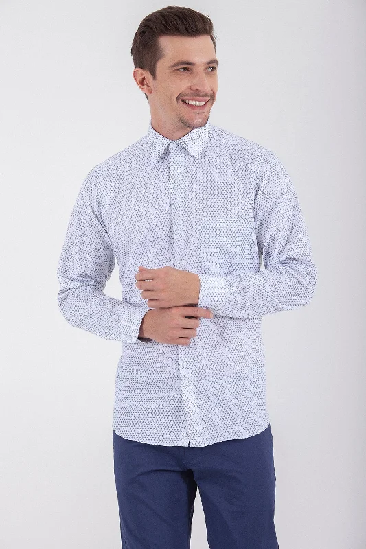 Slim Fit Long Sleeve Printed Cotton Blend Casual Shirt, Navy B6