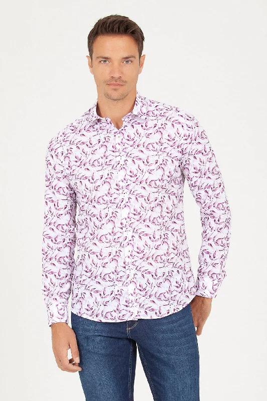 Slim Fit Long Sleeve Printed Cotton Purple Casual Shirt