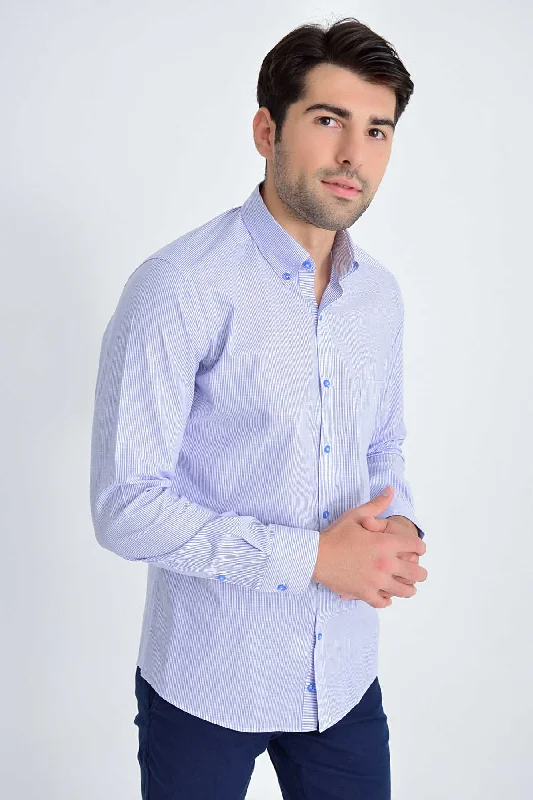 Slim Fit Long Sleeve Striped Cotton Blend Blue Casual Shirt