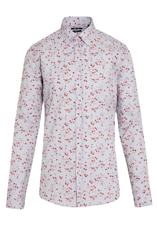 Slim Fit Pin Check Cotton Floral Red Casual Shirt