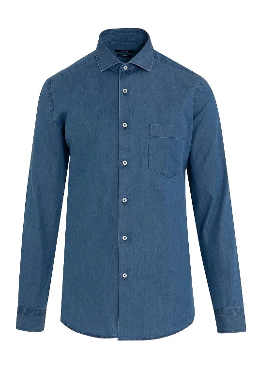 Slim Fit Plain Cotton Indigo Casual Shirt