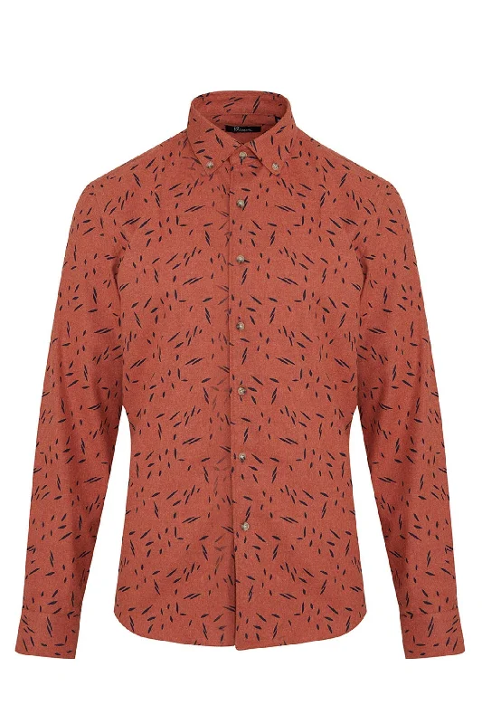 Slim Fit Printed Cotton Blend Orange Casual Shirt