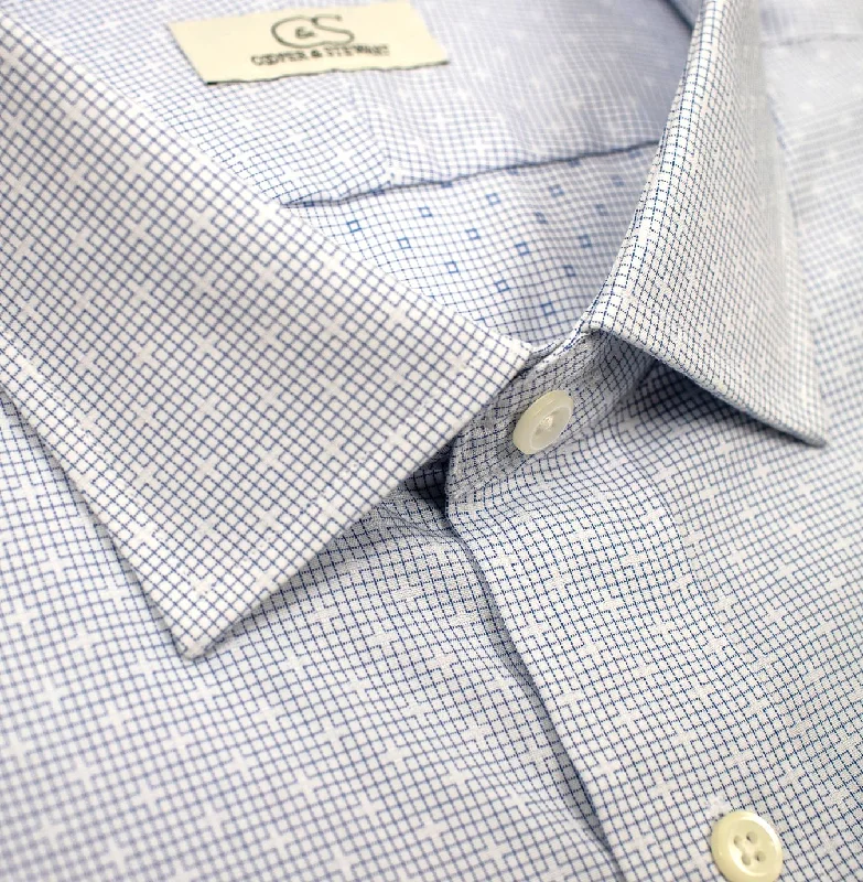 Blue Dobby on Graph Check Stretch Cotton Wrinkle-Free Dress Shirt with Spread Collar by Cooper & Stewart