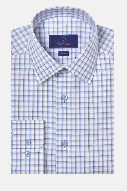 David Donahue - Small Windowpane Trim Fit Dress Shirt - Blue