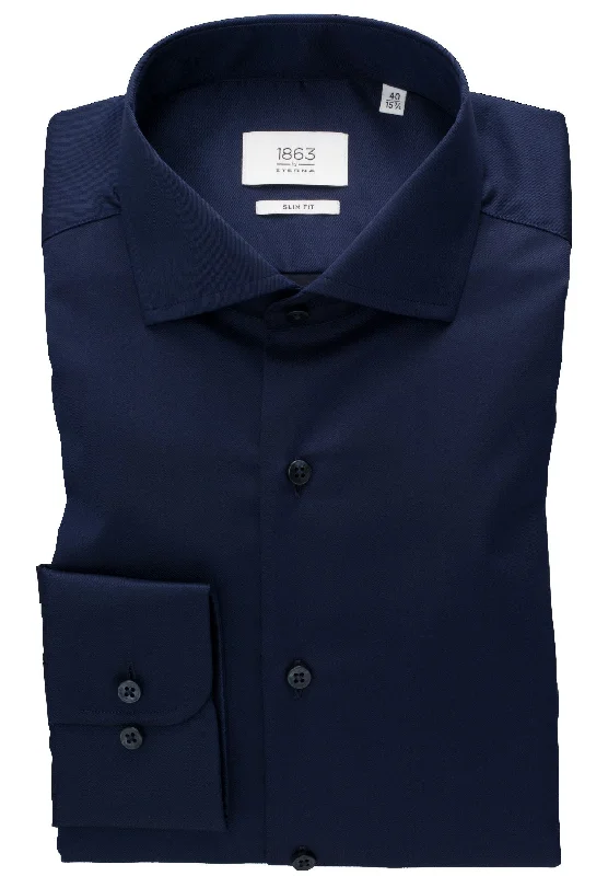 'Luxury Shirt' In Navy Blue - Slim Fit - Two Ply Cotton Twill Dress Shirt with Cutaway Collar by Eterna 1863