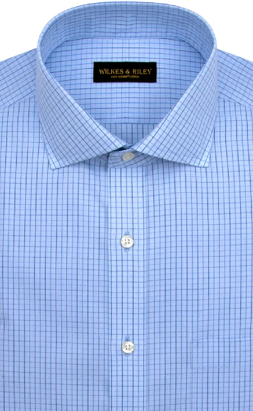 Slim Fit Light Blue Ground Navy Check English Spread Collar Supima® Cotton Non-Iron Broadcloth