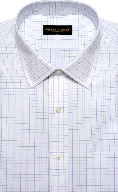 Tailored Fit White Ground Navy / Lt Blue Tattersall Spread Collar  Supima® Cotton Non-Iron Broadcloth