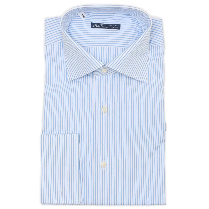 VANNUCCI Milano Blue-White Striped Cotton French Cuff Dress Shirt NEW